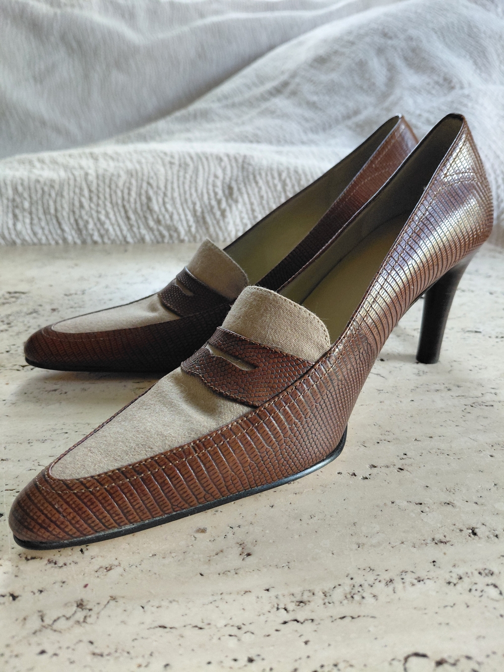 Anne Klein Brown Textured Leather and Tan Suede Heels